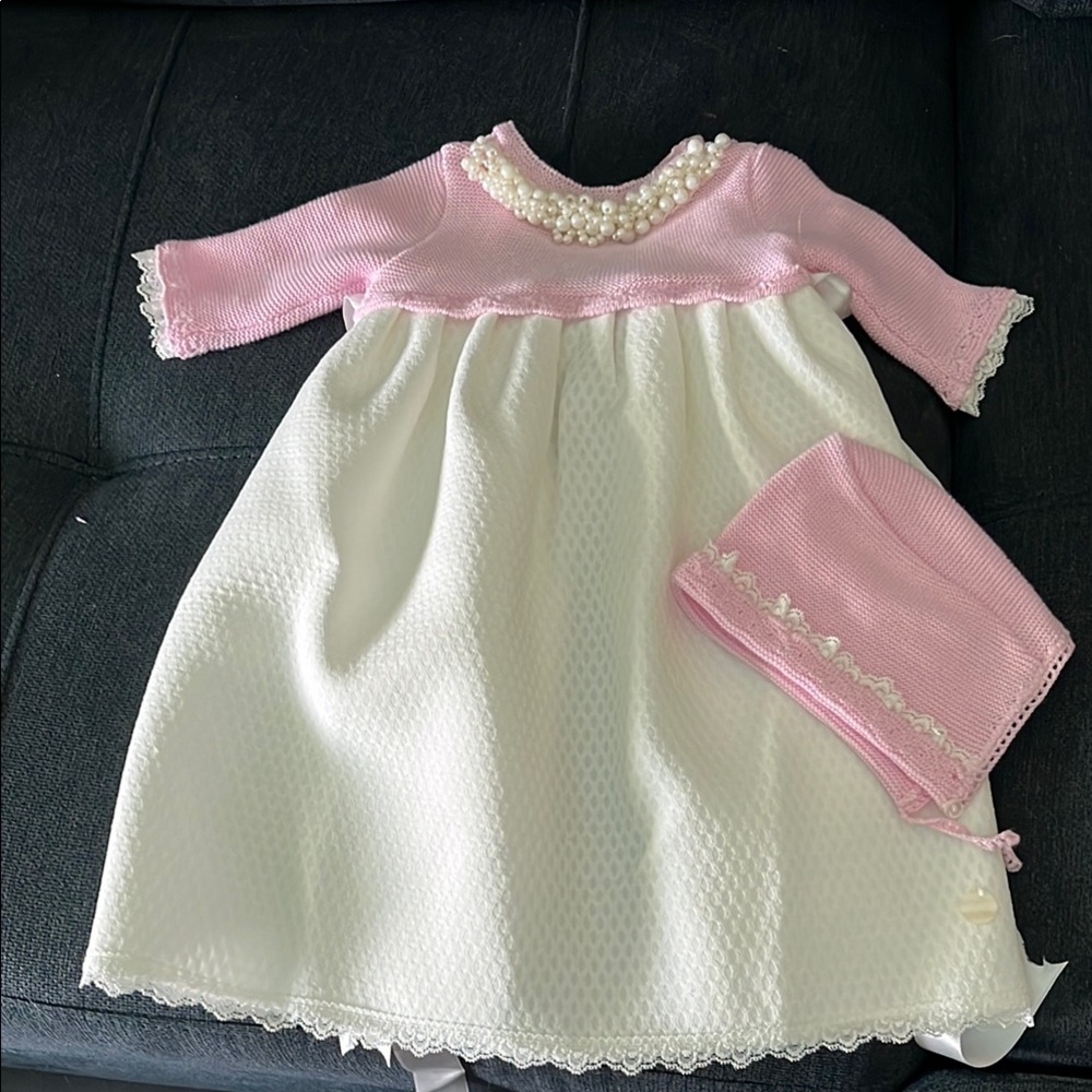 Pink and White Baby Dress with Bonnet